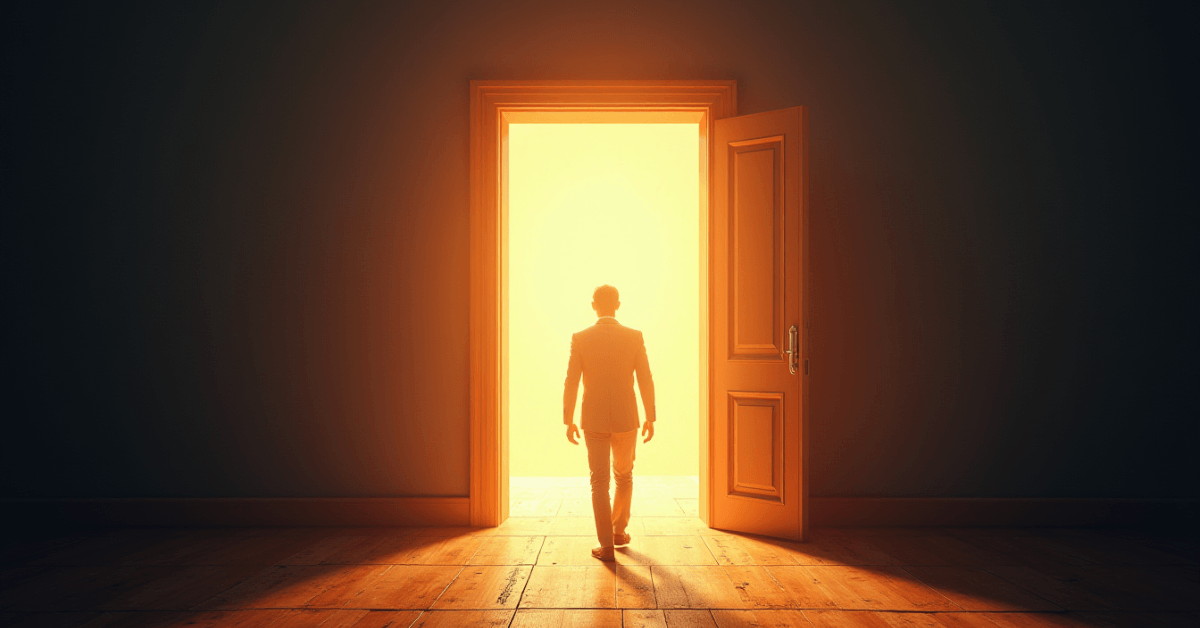 Person confidently walking through an open door into bright golden light, symbolizing stepping boldly into new opportunities without waiting for permission.