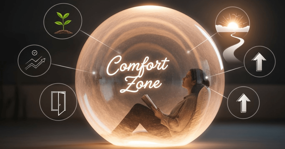 Person sitting inside a glowing comfort zone bubble surrounded by growth symbols, representing safety, familiarity, and the hesitation to step into change and personal growth.