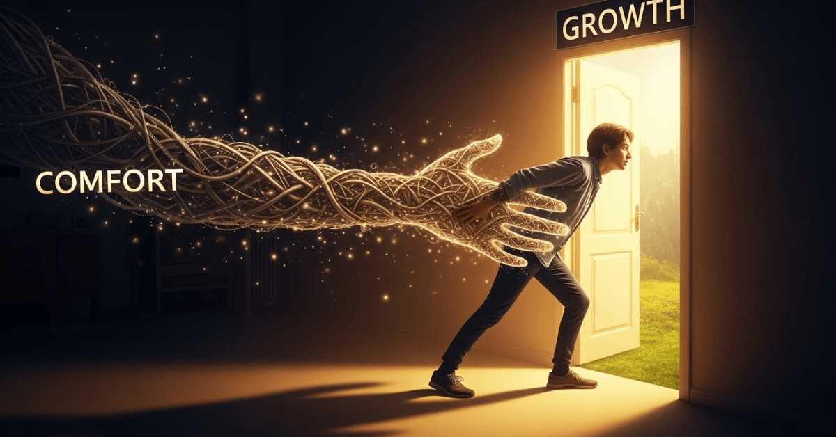 Person being pulled by the comfort zone while stepping through a glowing doorway labeled growth, symbolizing the resistance and tension that comes with choosing personal growth over comfort.