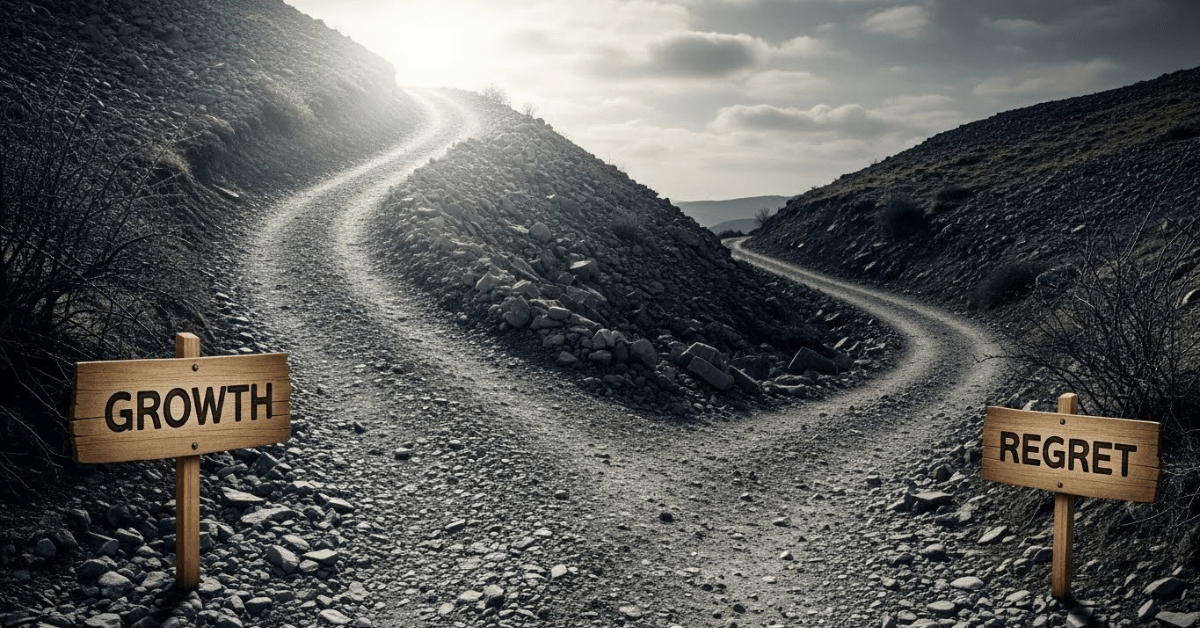 Forked path with signs pointing to growth and regret, symbolizing the decision between choosing discomfort for personal growth or staying comfortable and facing future regret.