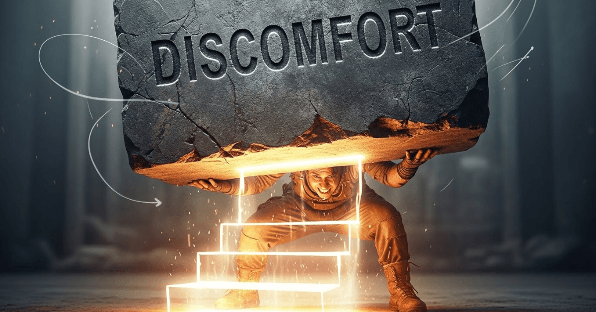 Person lifting a massive stone labeled discomfort while stepping upward, symbolizing how embracing discomfort builds strength and personal growth.