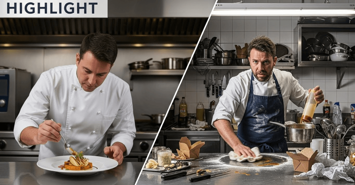 Split-screen image showing a polished highlight moment on one side and a messy, stressful behind-the-scenes reality on the other, symbolizing how comparison is often based on incomplete stories.