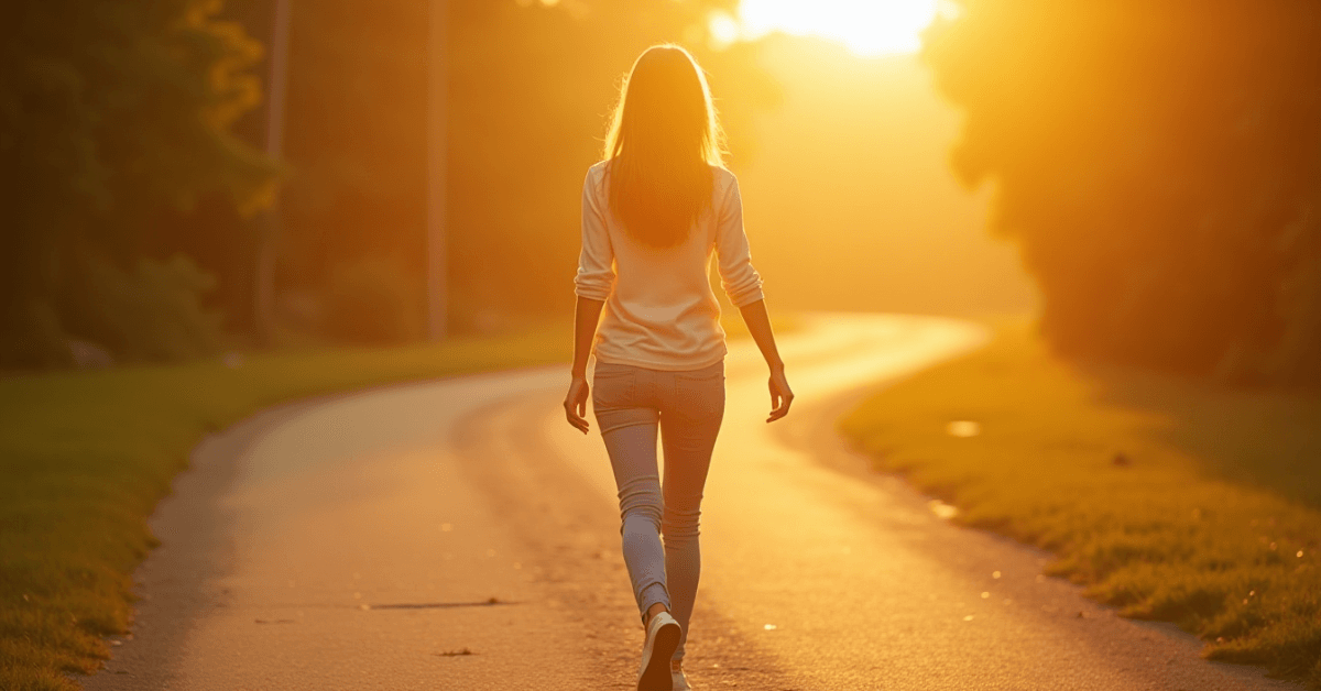 A person walking alone down a winding road at sunset, bathed in warm golden light, symbolizing choosing one’s own path, inner peace, and fulfillment without comparison to others.