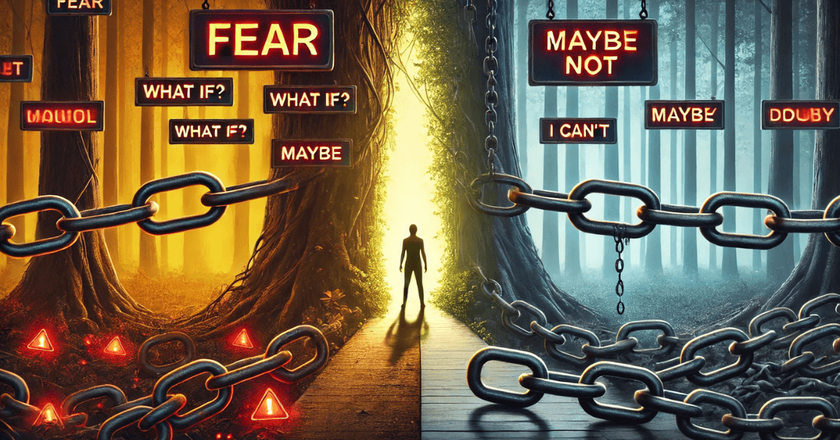 A symbolic split scene showing a person standing between light and darkness, surrounded by chains and warning signs labeled fear, doubt, and what if, representing how self-doubt and fear prevent people from pursuing their dream