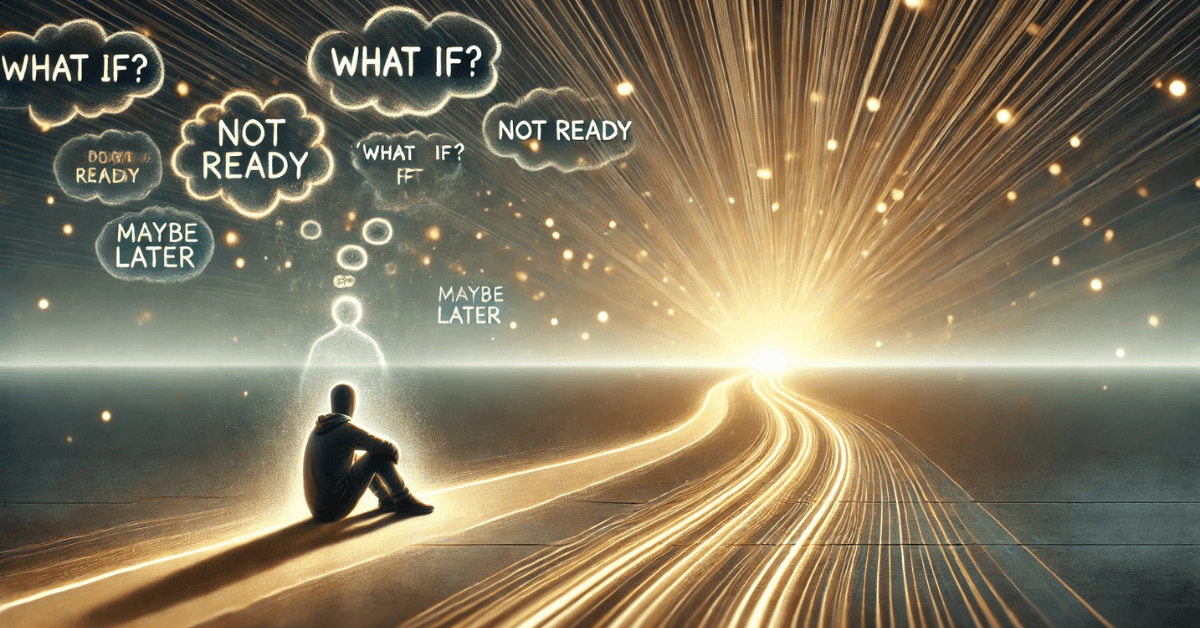A symbolic scene showing a person sitting still while thought clouds labeled what if, not ready, and maybe later hover above them, with a glowing path of light leading forward into the distance, representing how doubt and overthinking delay action and progress.