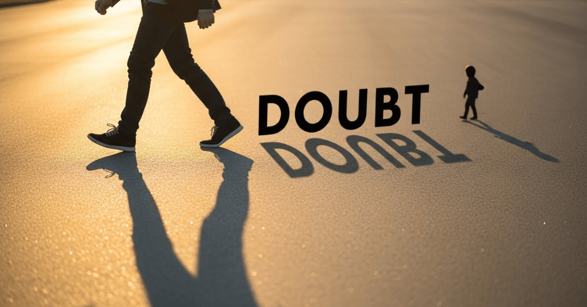 A symbolic image showing a person walking forward while the shadowed word “Doubt” falls behind them on the ground, representing the decision to move forward despite fear and self-doubt.