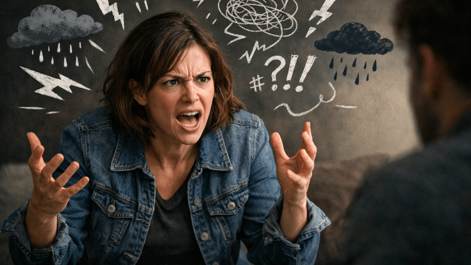 Person expressing frustration with tense gestures and emotional intensity, symbolizing negative thinking and reactive behavior