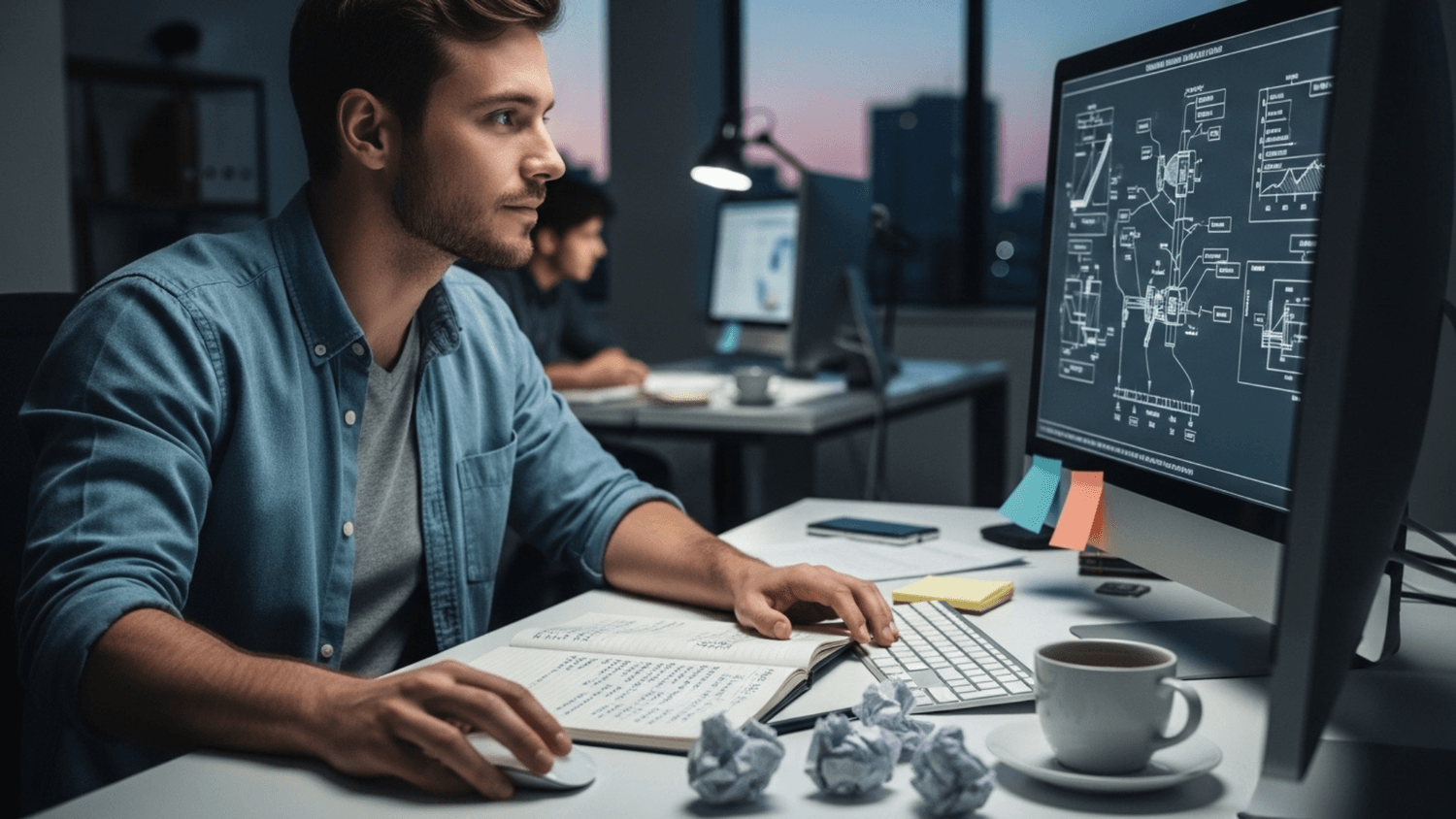Person working intently at a desk with a calm and focused mindset, representing action, control, and problem-solving