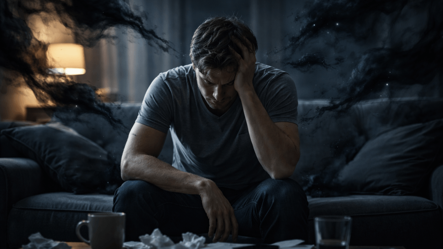 Person sitting slumped and exhausted in dim lighting, symbolizing low energy and the impact of negative thinking