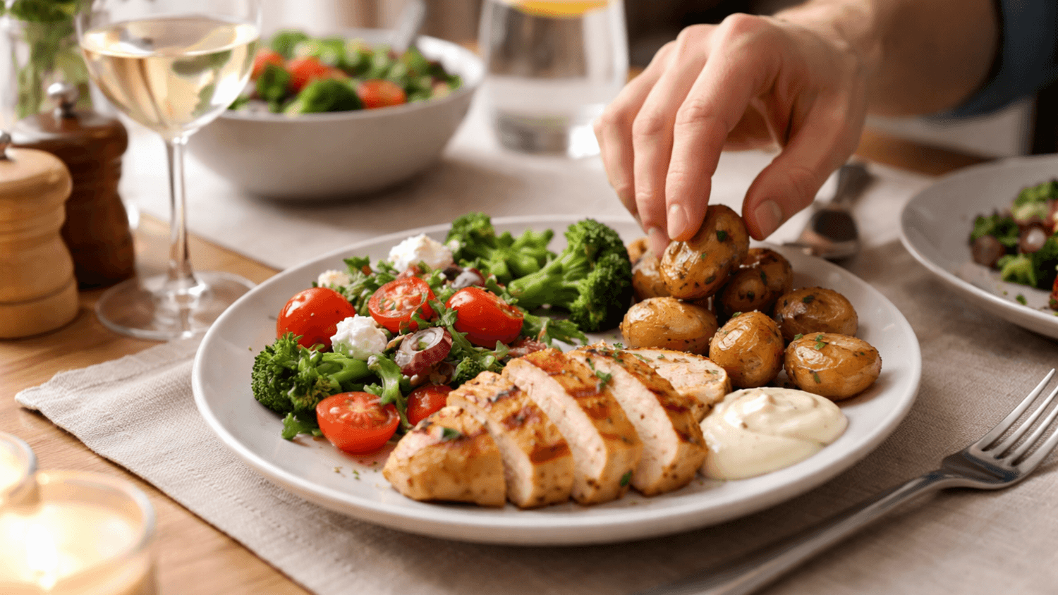 Hand hovering above a dinner plate before taking more food, representing a moment of pause and mindful eating decision
