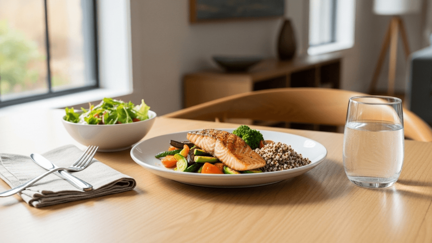 Glass of water next to a balanced meal on a tidy dining table, illustrating a calm and mindful eating environment
