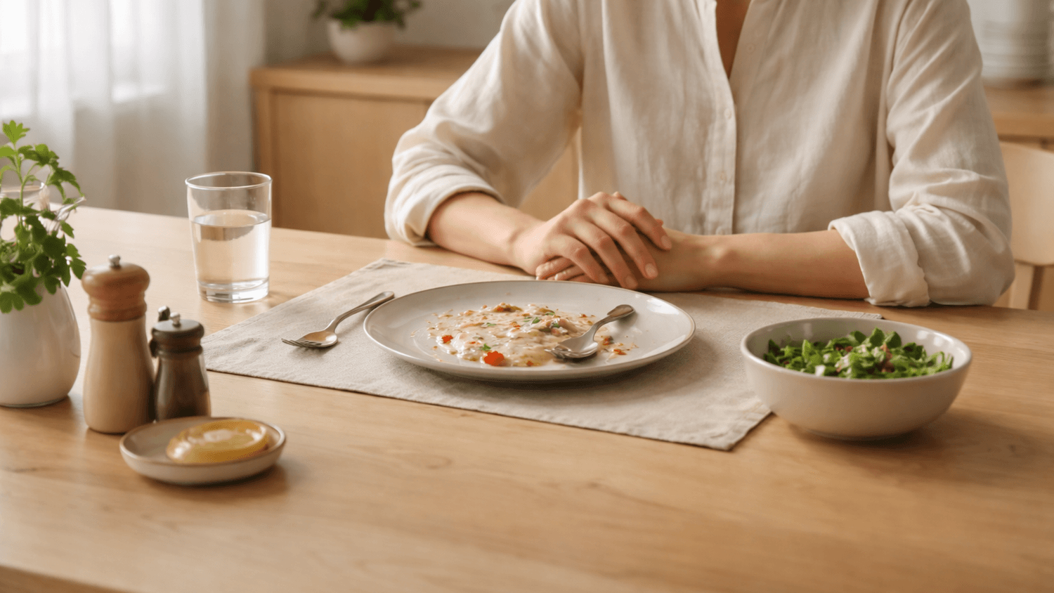 Person sitting calmly with hands resting near an almost finished meal, showing satisfaction and mindful completion