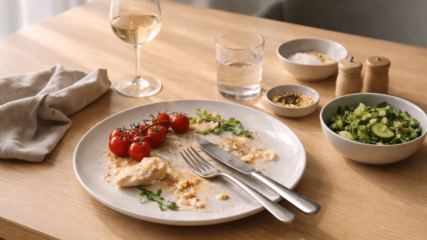 Partially eaten meal with utensils resting on the plate, capturing a quiet pause during eating in a minimal setting