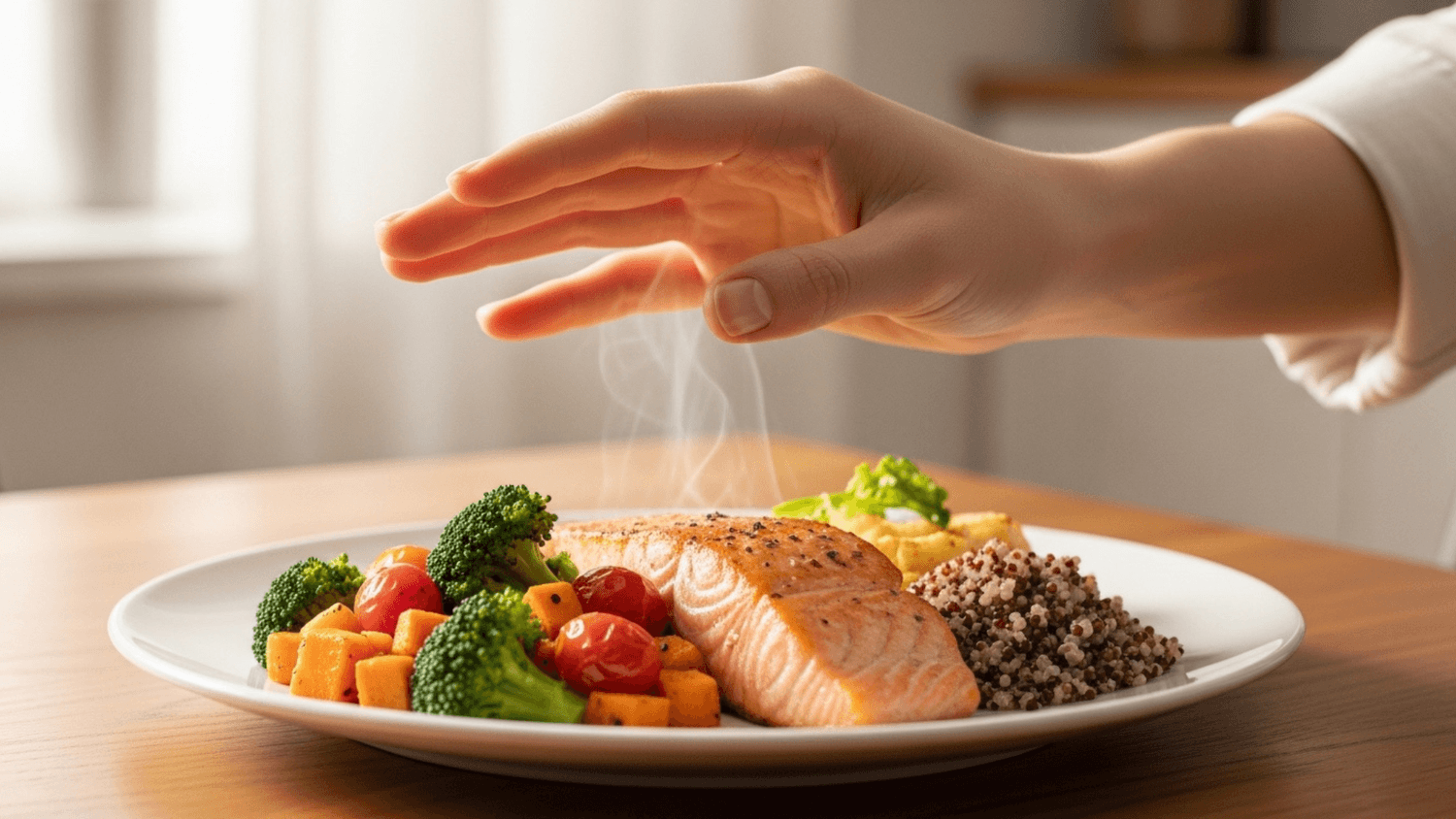 Hand paused above a plate of food in a warm dining setting, illustrating hesitation and awareness before taking another bite