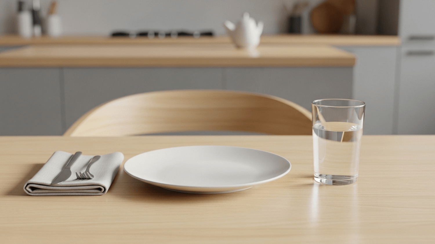 Empty plate with a glass of water on a clean table, representing self-control and mindful completion of a meal