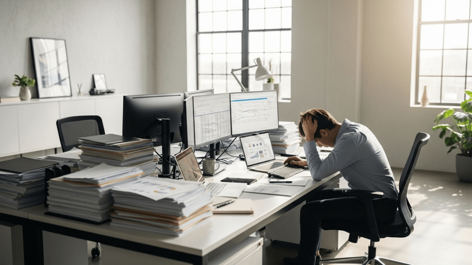 person sitting at a cluttered desk surrounded by paperwork and screens appearing overwhelmed by work and pressure