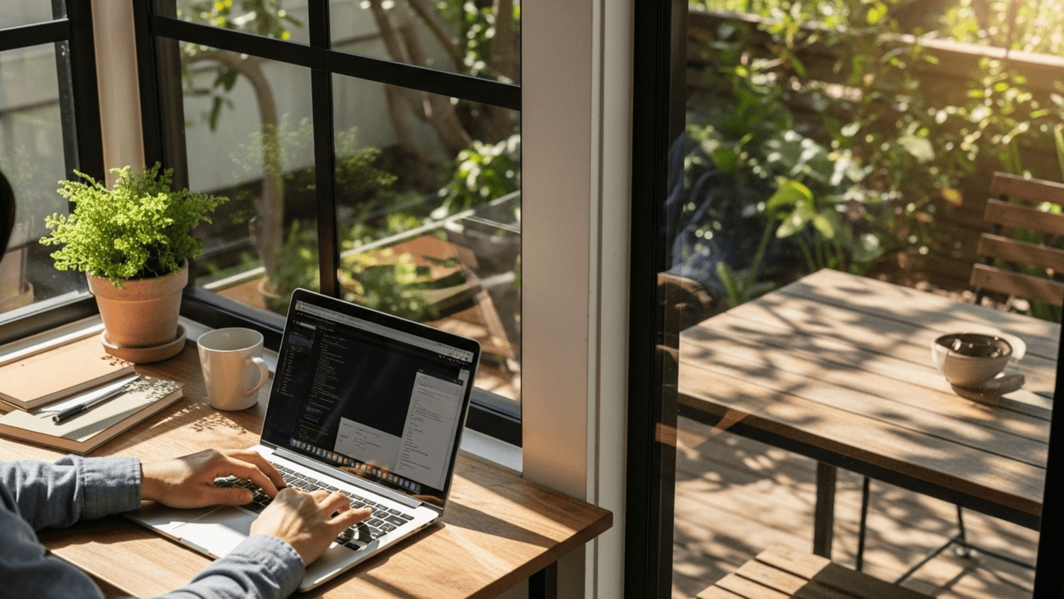 person working calmly on a laptop in a relaxed home environment with natural light symbolizing flexible work and freedom