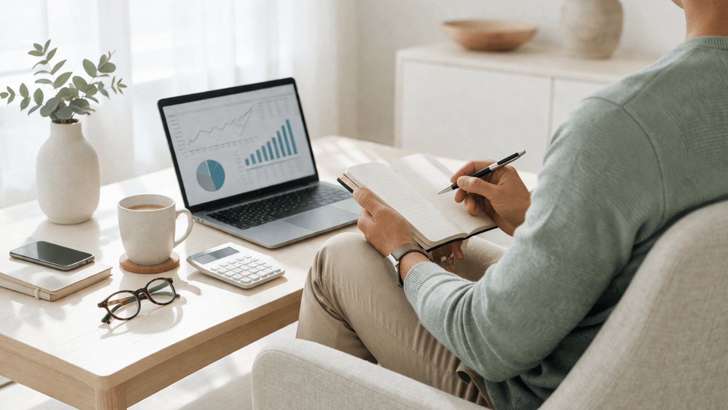 person reviewing finances on a laptop while writing in a notebook in a clean minimal space representing clarity and control over money