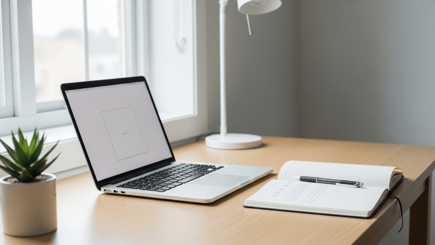 simple organized workspace with a laptop notebook and plant in a clean minimal environment symbolizing focus and intentional work