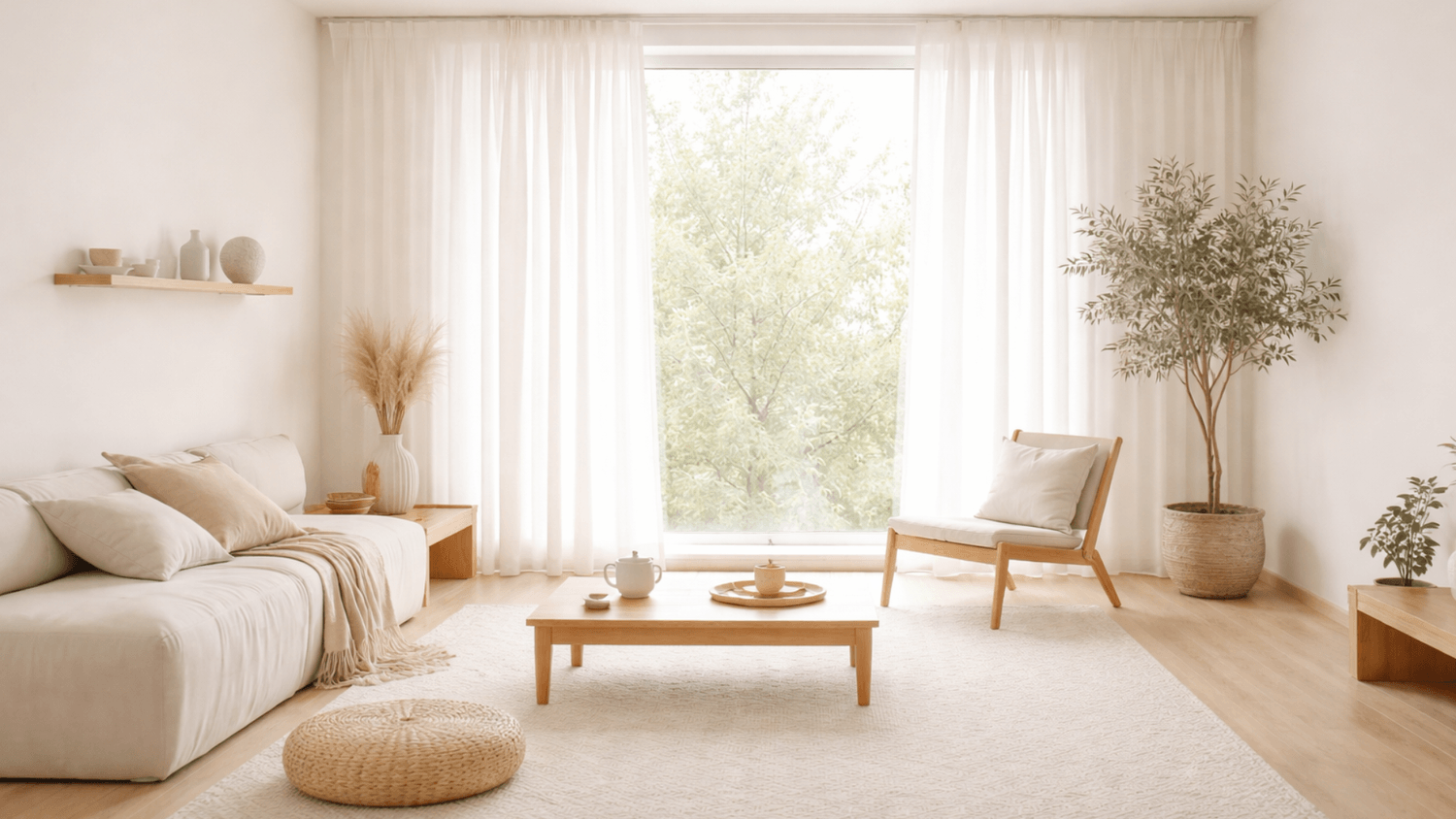 peaceful minimalist living room with soft natural light and simple furniture representing simplicity and freedom