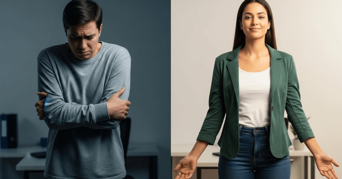A split image showing a person withdrawn and closed off on one side and standing open and relaxed on the other, symbolizing a rapid shift from self-doubt to confidence.