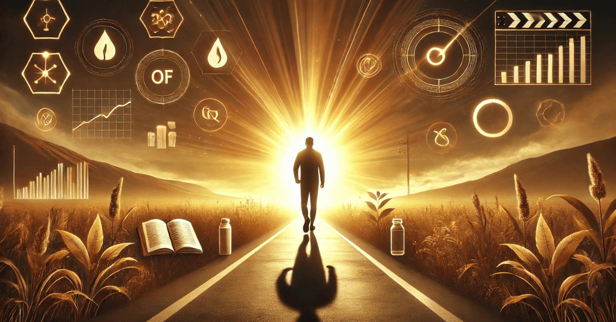 A confident figure walking toward a bright light on an open road, symbolizing personal growth, clarity, and confidence activated through small, intentional actions.