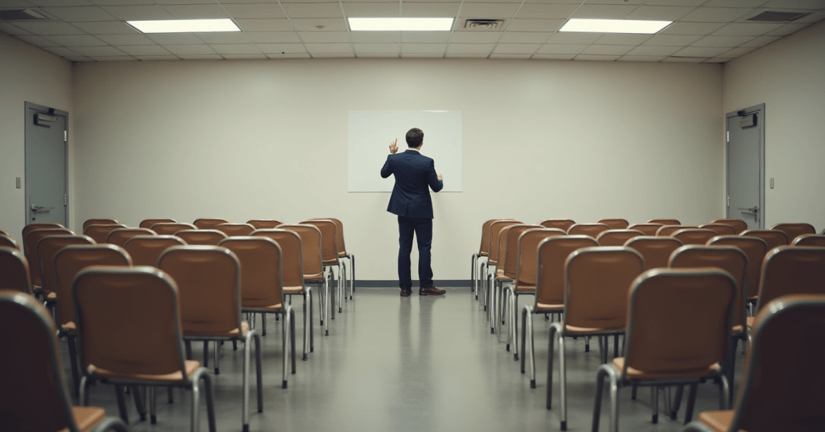 A person standing alone at the front of an empty room with rows of chairs, practicing and preparing without an audience, symbolizing discipline and unseen effort.