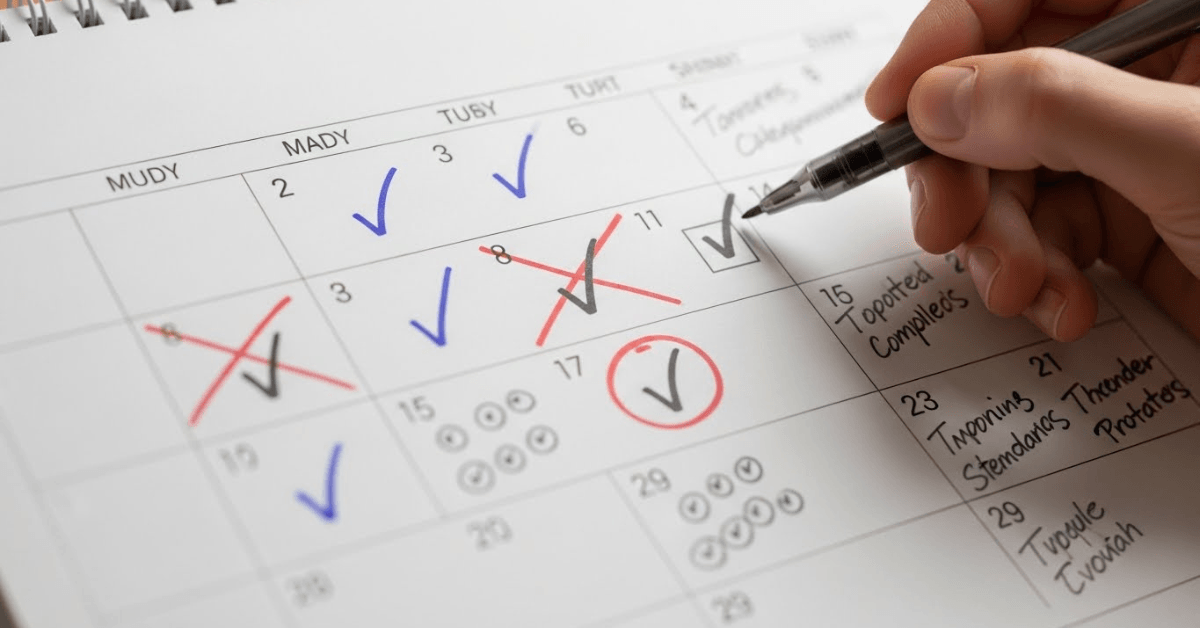 A close-up of a hand marking checkmarks on a calendar with a mix of completed and missed days, symbolizing progress through consistency rather than perfection.