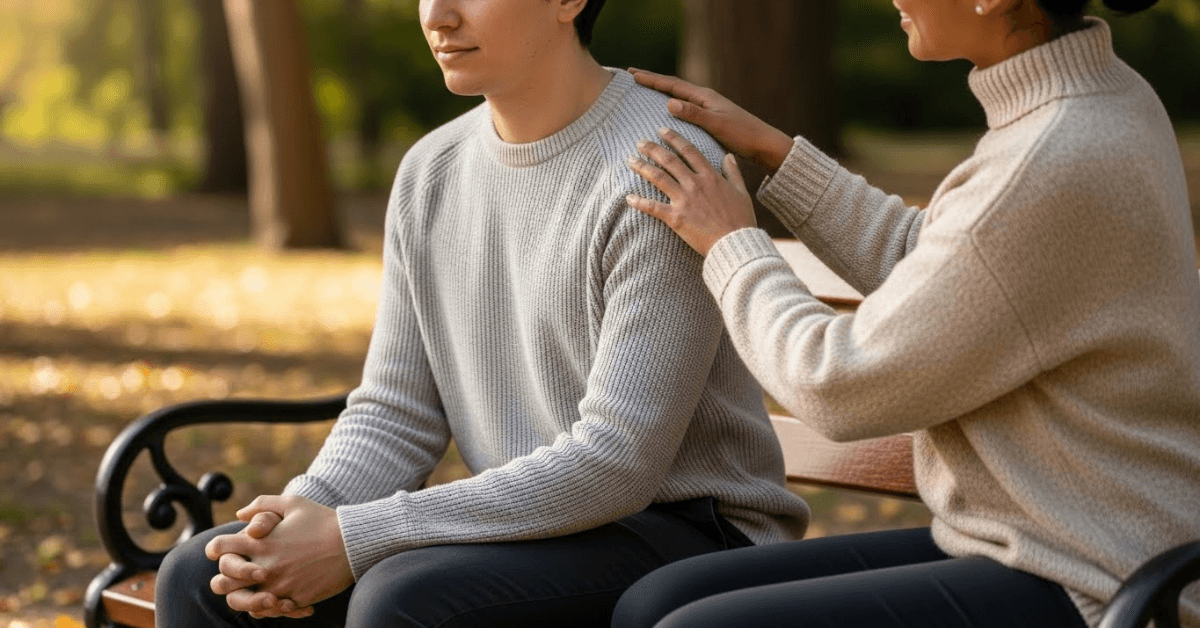 One person gently placing a reassuring hand on another person’s shoulder while they sit together, symbolizing emotional support and borrowed belief during a difficult moment.