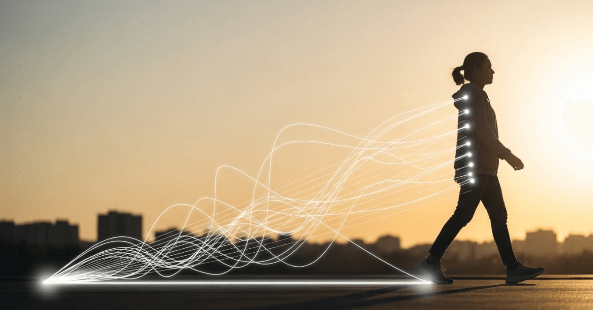 A person walking forward at sunset with glowing lines trailing behind them, symbolizing belief and encouragement gradually turning into inner strength and momentum.