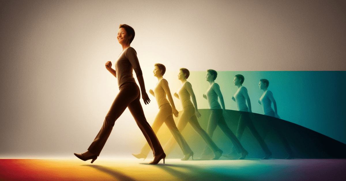 A person walking confidently forward with layered silhouettes behind them, symbolizing belief growing stronger through repeated actions and steady progress over time.