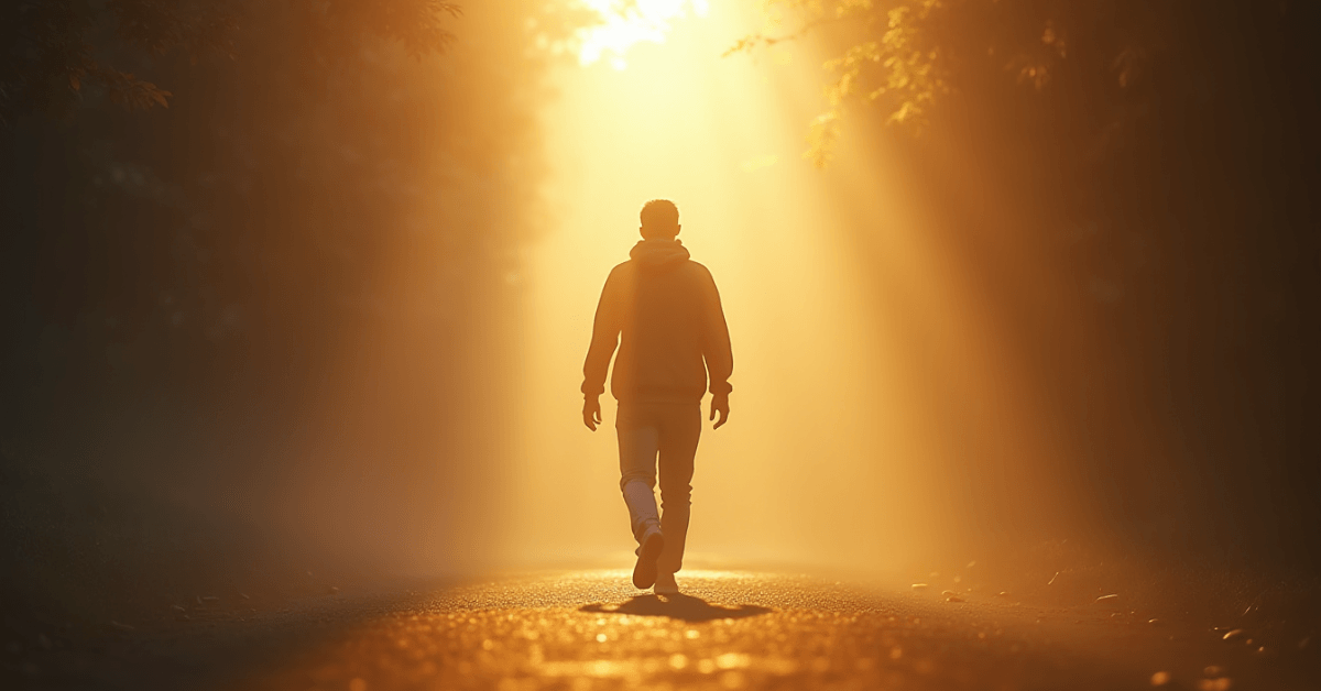 A person walking alone toward a bright light on a quiet path, symbolizing self-belief fully formed and confidence now coming from within.