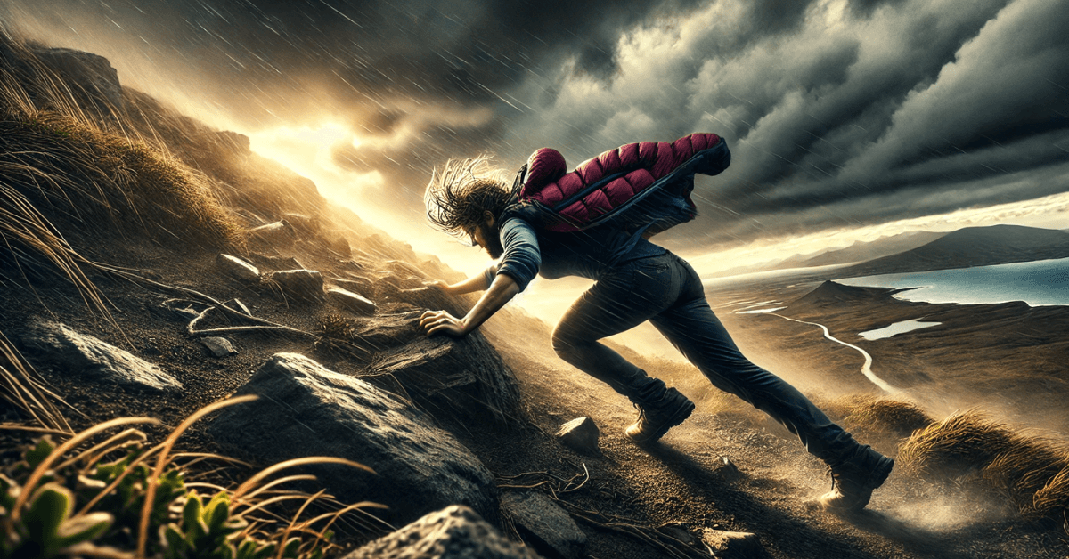 A person struggles uphill against strong wind and harsh weather on a rugged mountainside, symbolizing growth, resilience, and strength developed through pain and resistance.