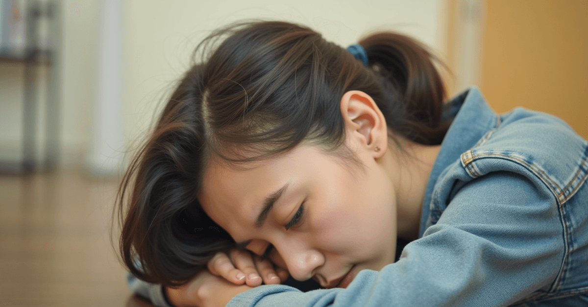 A person rests with their head down on folded arms, symbolizing emotional fatigue, recovery, and the quiet moments of rest that follow sustained effort and inner struggle.