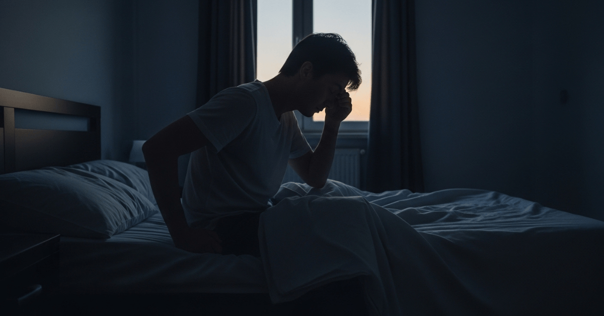 A person sitting on the edge of a bed in low morning light, holding their head in exhaustion and doubt during a difficult phase of personal growth.