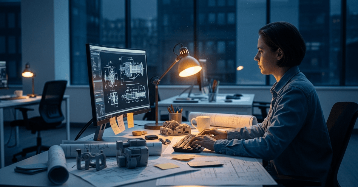 A focused person working late at a desk with technical drawings and a computer, representing steady effort and progress that happens before visible success.