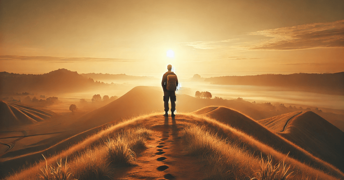 A lone traveler standing on a hill at sunrise, overlooking a long path and landscape, symbolizing growth finally being recognized after a difficult journey.