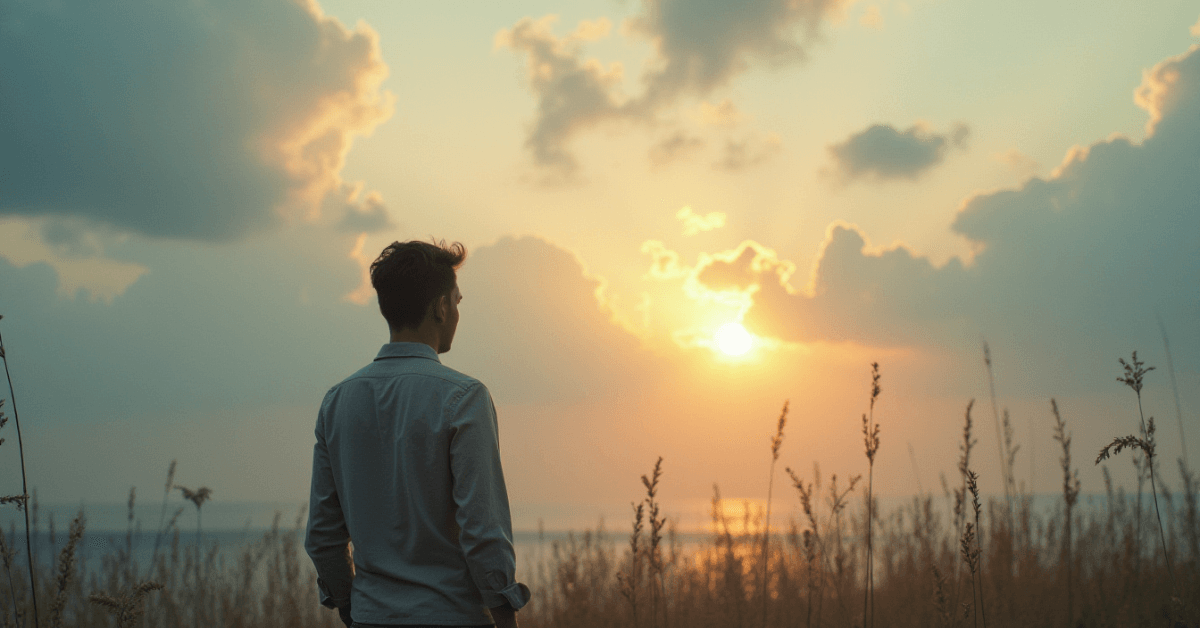 A person standing quietly at sunset overlooking calm water, symbolizing growth earned through consistent effort and showing up imperfectly.
