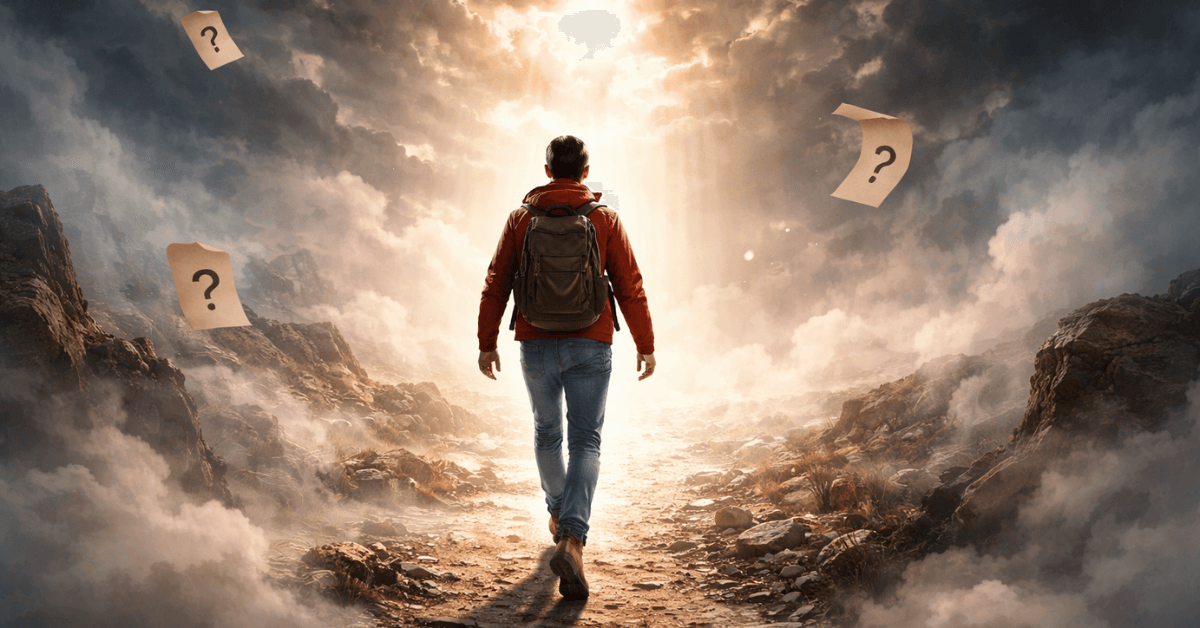 A person walking toward a bright light through misty terrain with question marks around them, symbolizing taking action despite doubt and building confidence through movement.