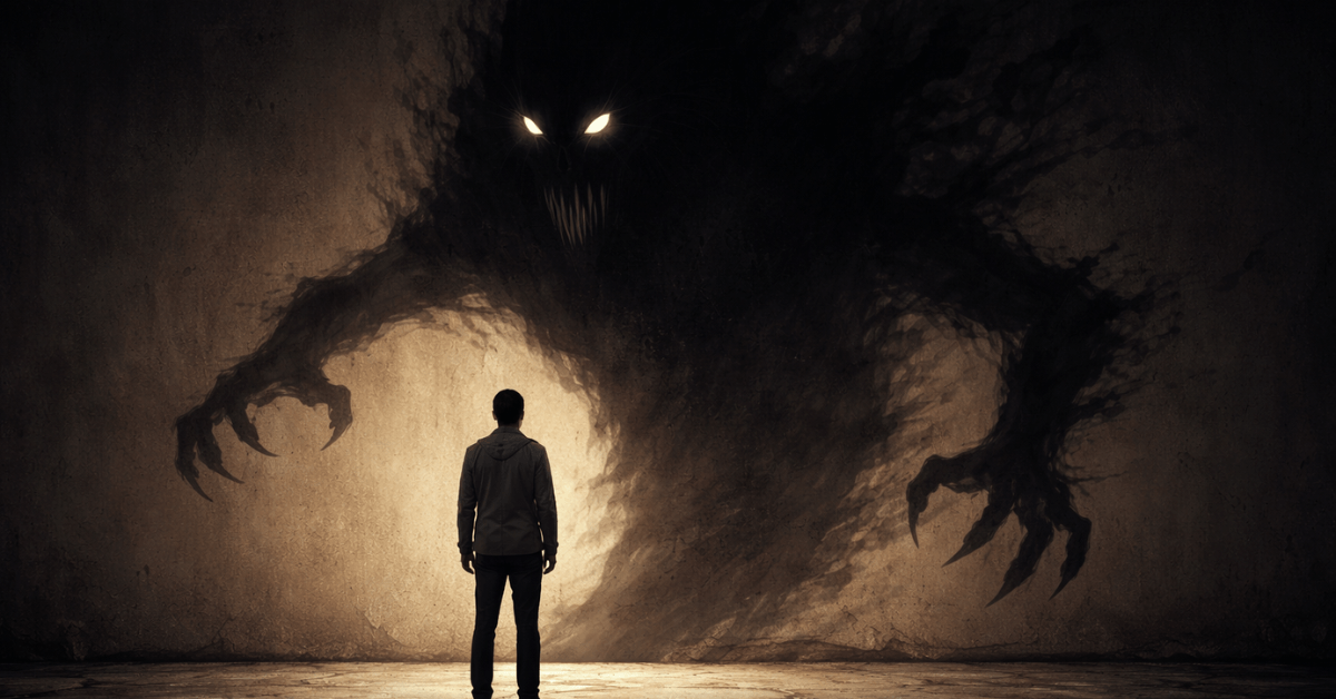 A person standing in front of a large shadowy monster on a wall, symbolizing fear and self-doubt that must be faced before confidence is built through action.