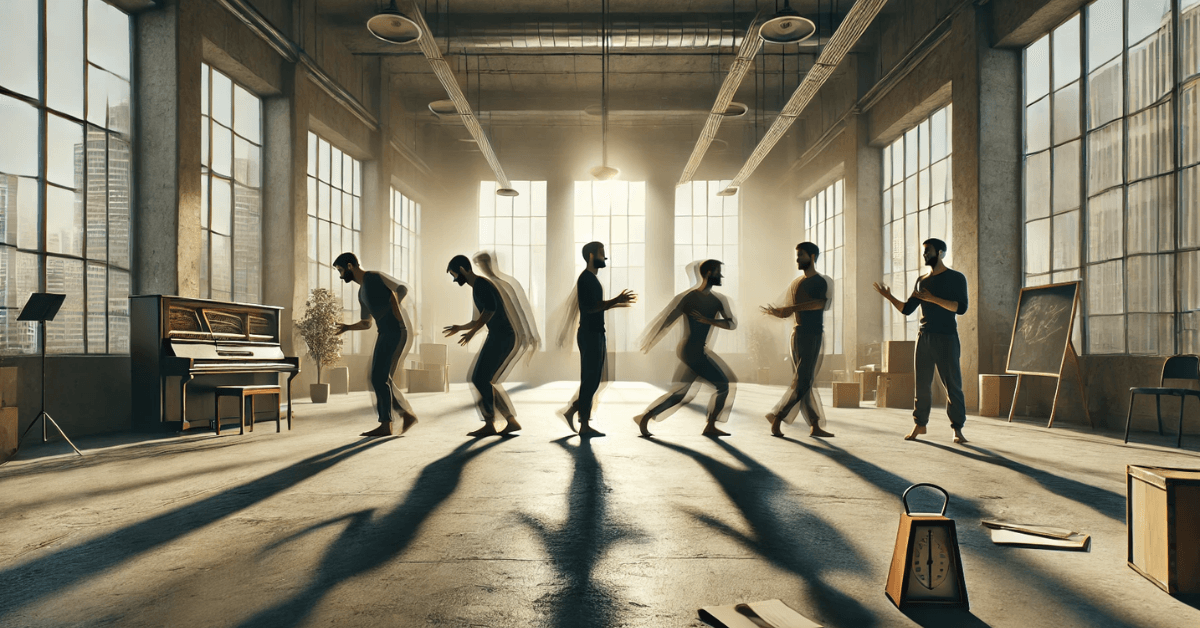 A person practicing repeatedly in a spacious studio with motion blur showing progression, symbolizing confidence built through repetition and consistent action.