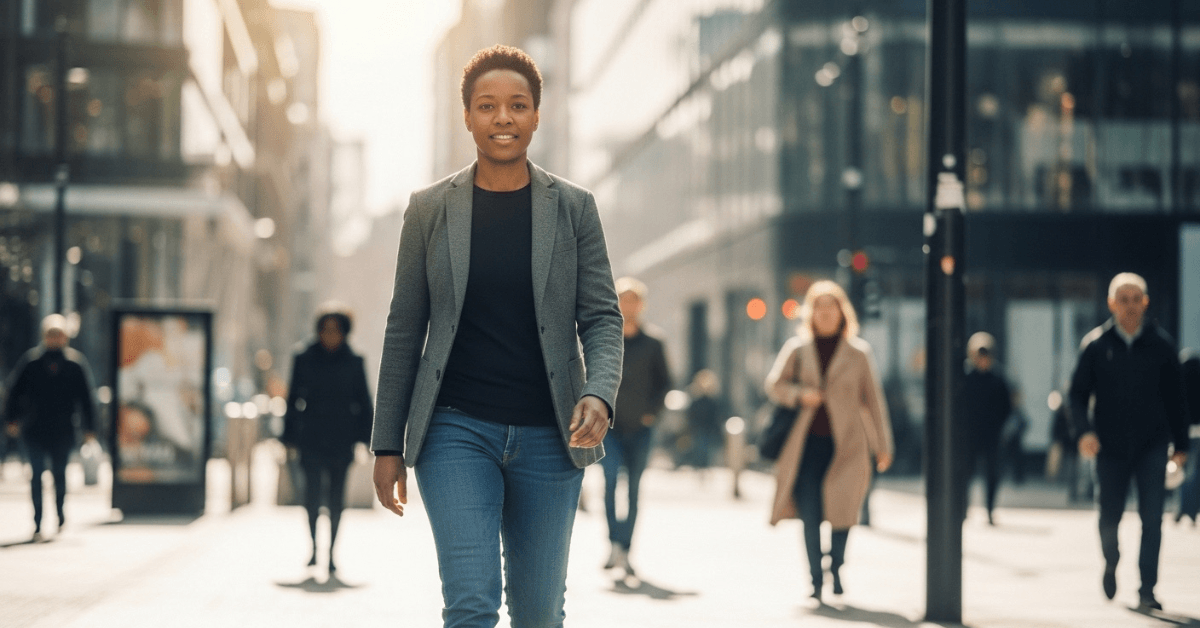 A confident person walking forward in a city setting, symbolizing self-belief earned through consistent action and growth.