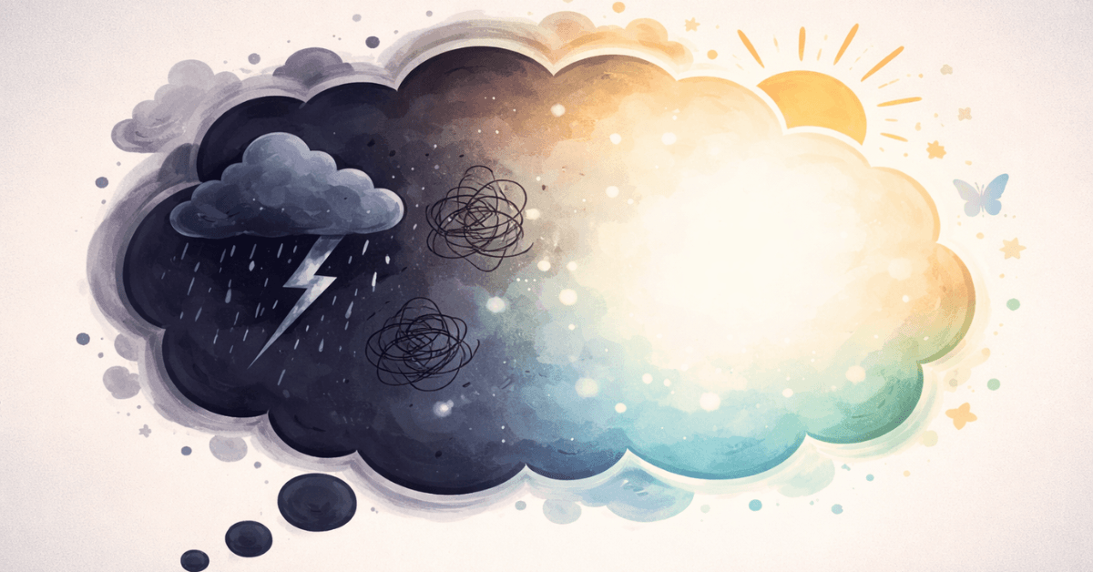 Illustration of a dark storm cloud transforming into bright light, symbolizing reframing negative self-talk into positive thinking