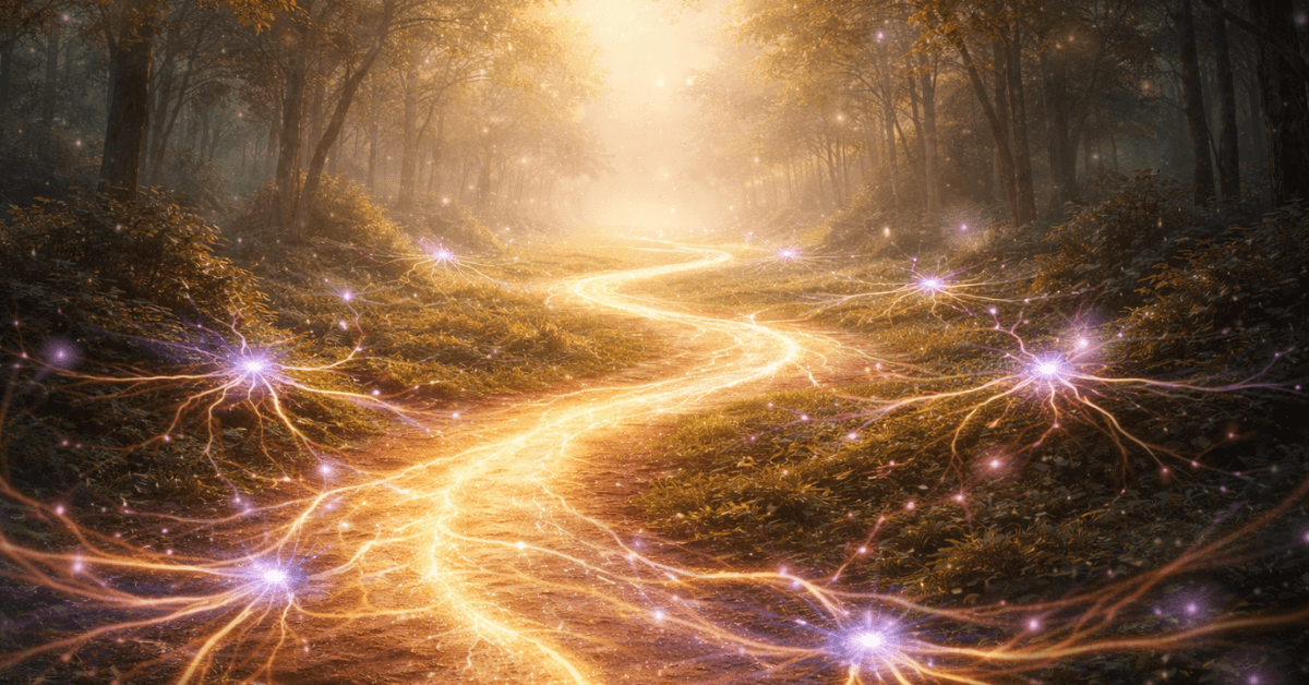 Glowing pathway through a forest with branching light connections, symbolizing neural rewiring through positive self-talk and repeated reframing