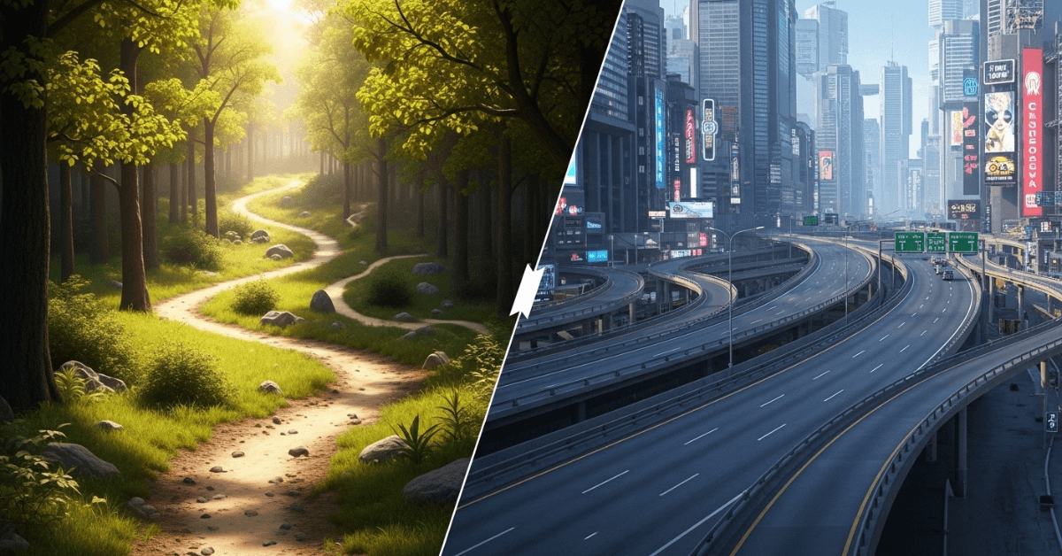 Split image showing a peaceful forest path and a busy city highway, symbolizing different life journeys and trusting your own timeline