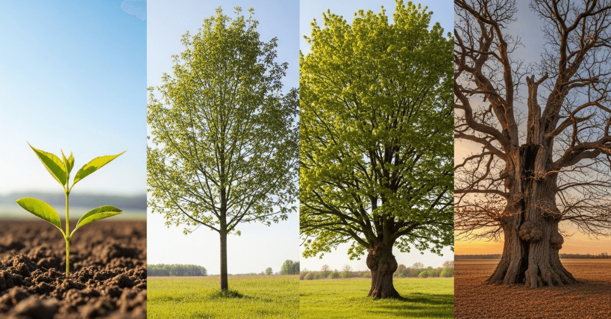 Stages of a tree growing from a small seedling to a mature tree, symbolizing personal growth and trusting your life timeline