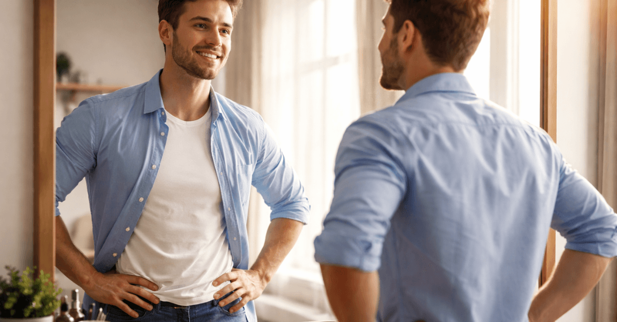 Man smiling confidently at his reflection in a mirror symbolizing growing self-belief and confidence through repeated positive actions