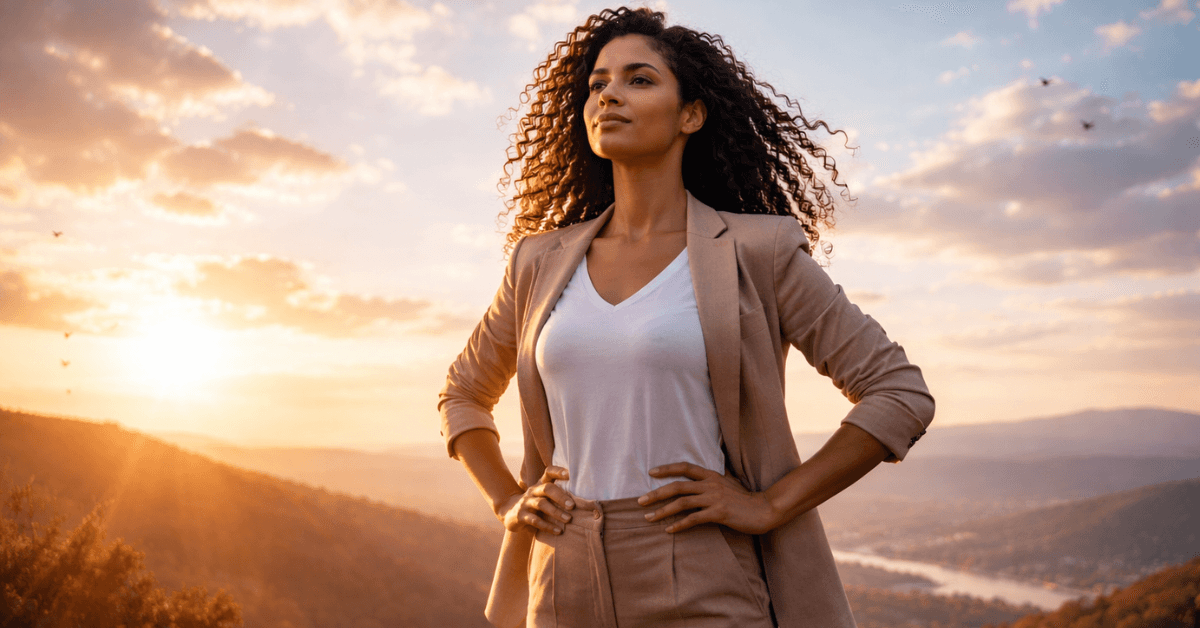 Confident woman standing on a mountain overlook at sunrise symbolizing unshakable self-belief and confidence built through consistent action