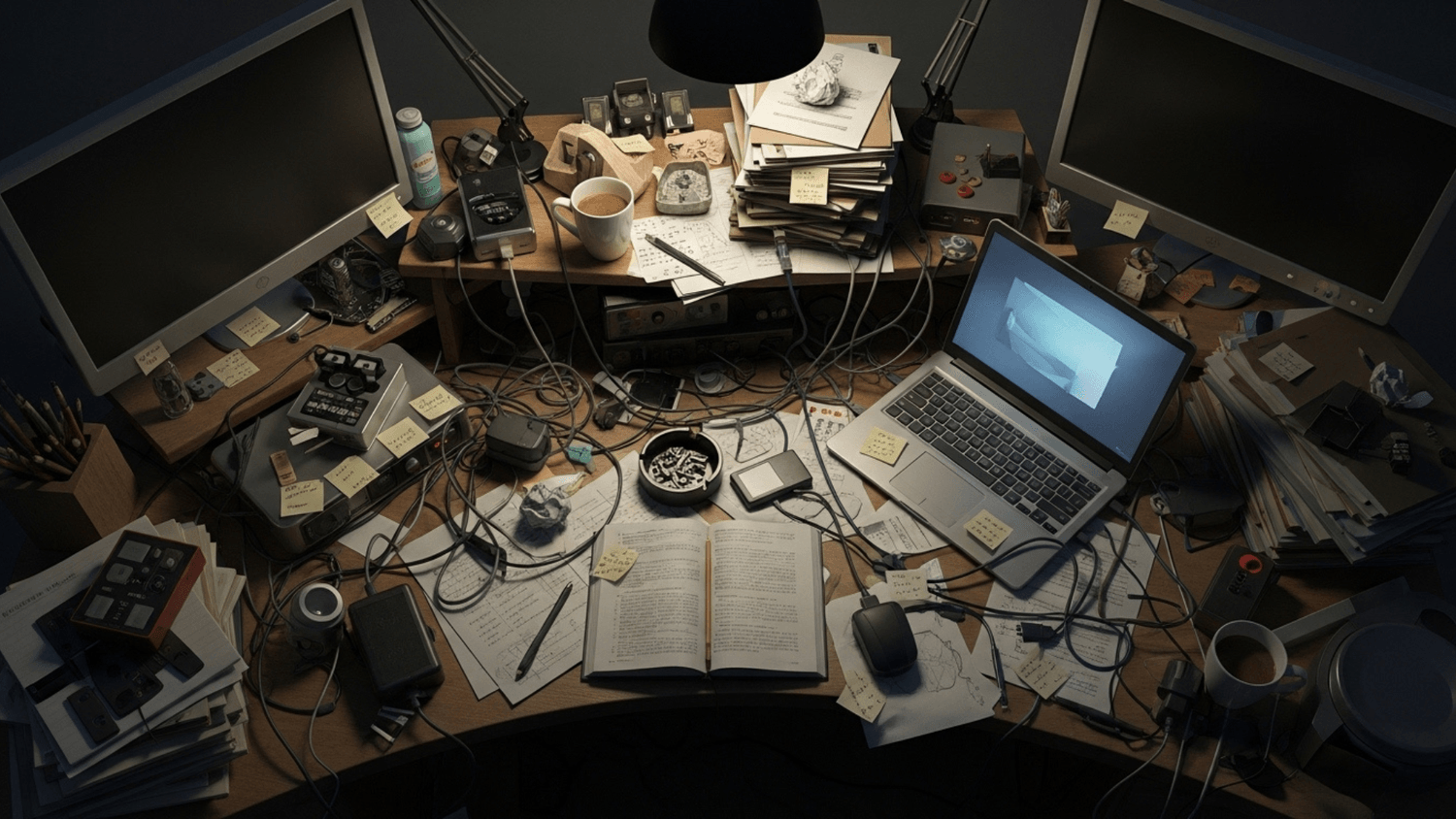 Cluttered desk with scattered papers, tangled cables, and multiple items creating a distracting and overwhelming workspace