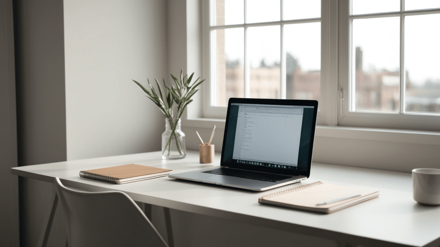 Organized desk setup with laptop and notebook arranged neatly, showing a clean and distraction-free workspace
